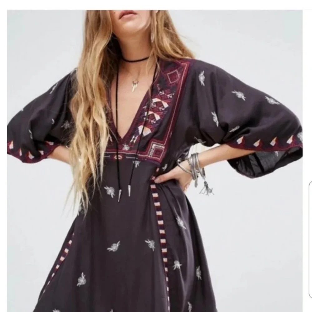 Free People Pavlo Mini Dress Small Black Embroidered Bell Sleeve Boho